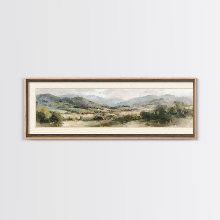 Sunlit Rolling Hills Framed Canvas Print, Above Sofa Art, Mid Century Modern, Living Room Decor, Fine Art, Statement, ASA-3x1-9