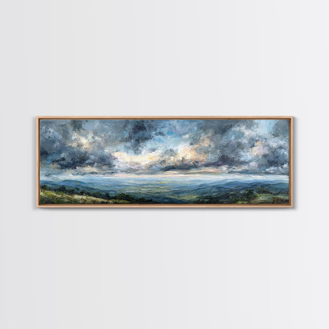 Dramatic Cloudscape over a Distant Valley Canvas Print, Above Sofa Art, Coastal Wall Art, Living Room Decor, Oil Painting, ASA-3x1-93