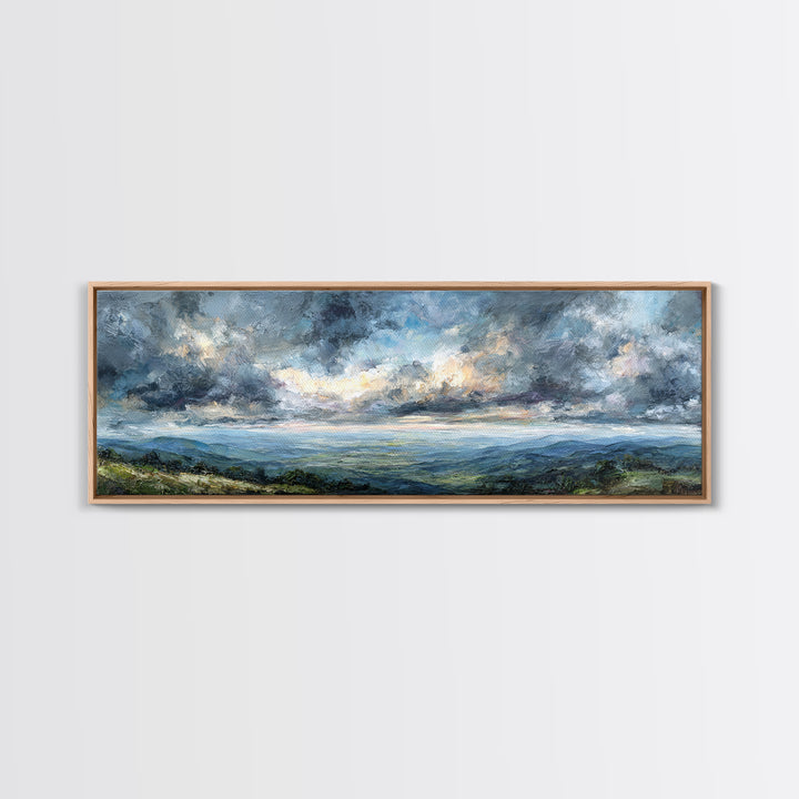 Dramatic Cloudscape over a Distant Valley Canvas Print, Above Sofa Art, Coastal Wall Art, Living Room Decor, Oil Painting, ASA-3x1-93