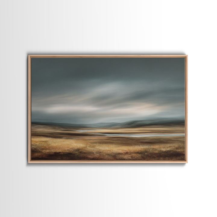 Wide Olive and Beige Meadow Panorama Framed Canvas Print, Above Sofa Art, Living Room Decor, Oil Painting, Statement, ASA-3x2-14