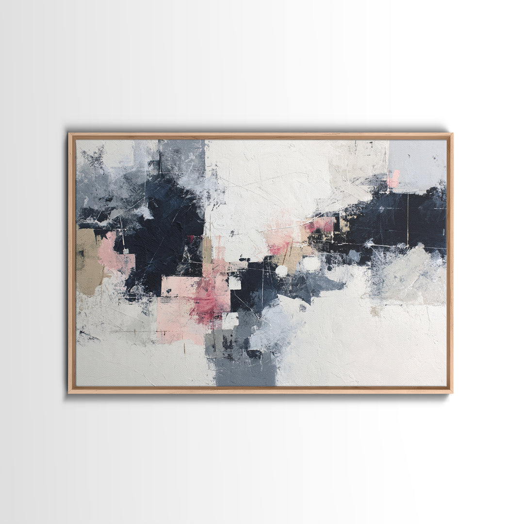 Bold Navy and Ivory Abstract Brushwork Framed Canvas Print, Above Sofa Art, Living Room Decor, Abstract Art, Statement, ASA-3x2-46