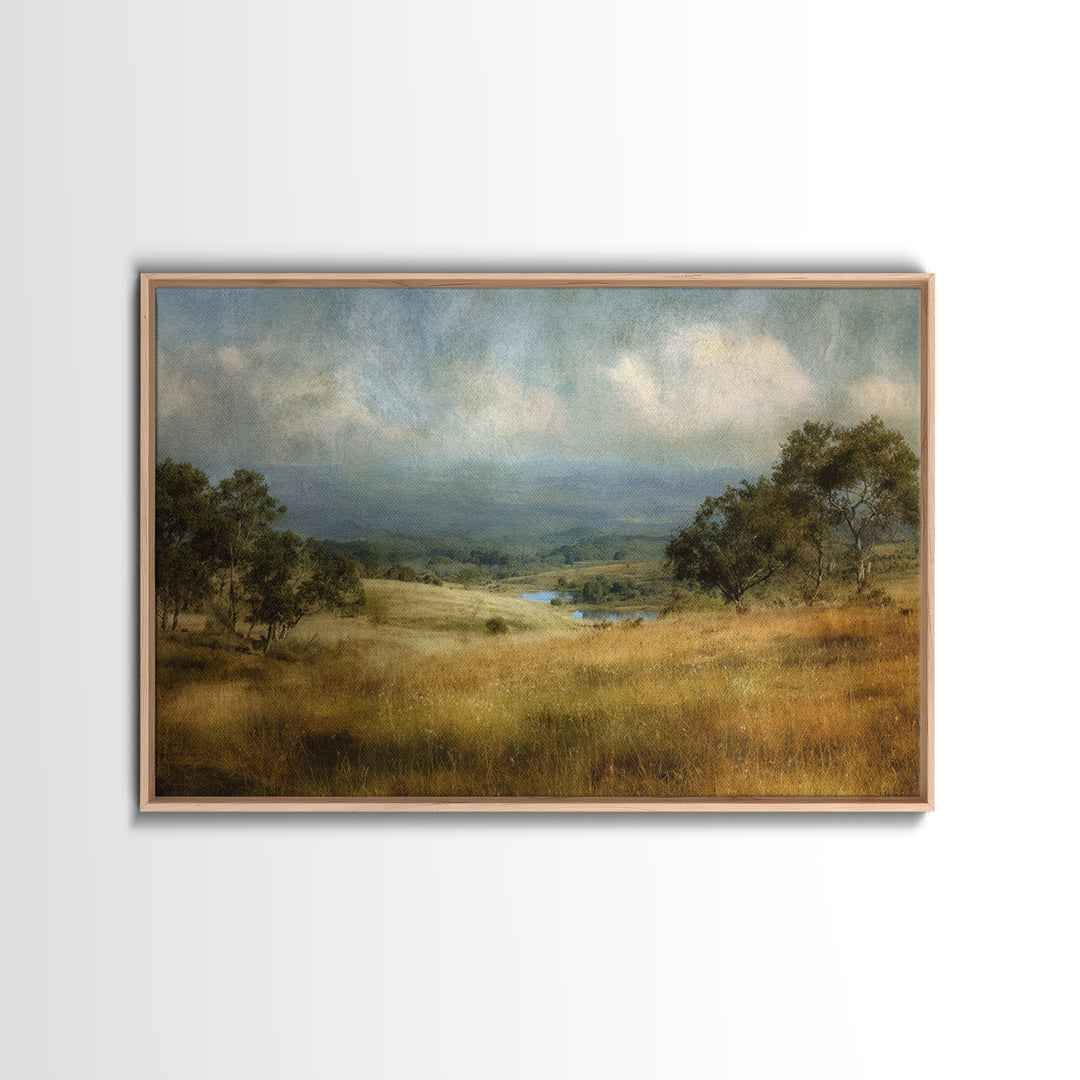 Wide Olive and Beige Meadow Panorama Framed Canvas Print, Above Sofa Art, Horizontal Wall Art, Living Room Decor, Statement, ASA-3x2-86
