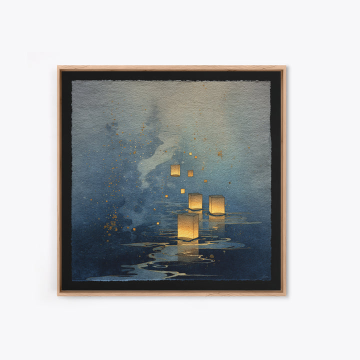 Floating Lanterns over Dark Water with Gentle Canvas Print, Asian Inspired Art, Bedroom Wall Decor, Living Room Decor, Harmony, ASI-1x1-19