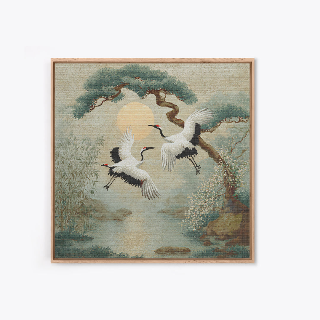 Red Crowned Cranes Flying Through Misty Pine Canvas Print, Asian Inspired Art, Modern Decor, Living Room Decor, Harmony, ASI-1x1-49