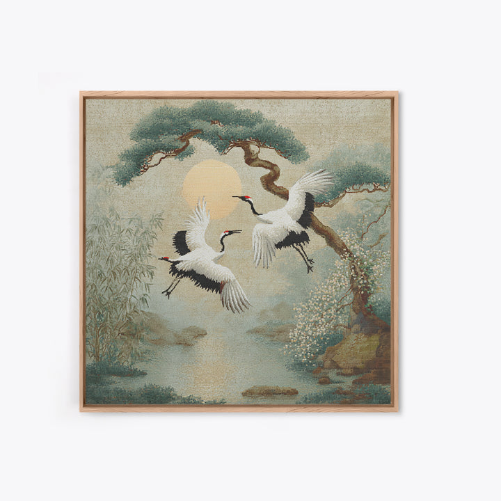 Red Crowned Cranes Flying Through Misty Pine Canvas Print, Asian Inspired Art, Modern Decor, Living Room Decor, Harmony, ASI-1x1-49