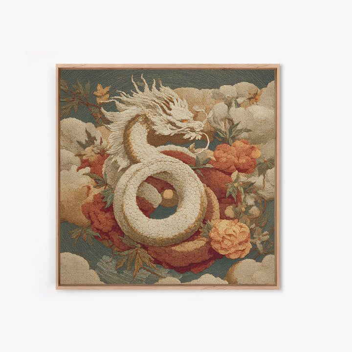 Dragon Curling Through Clouds Framed Canvas Print, Asian Inspired Art, Asian Wall Art, Living Room Decor, Oil Painting, Harmony, ASI-1x1-61
