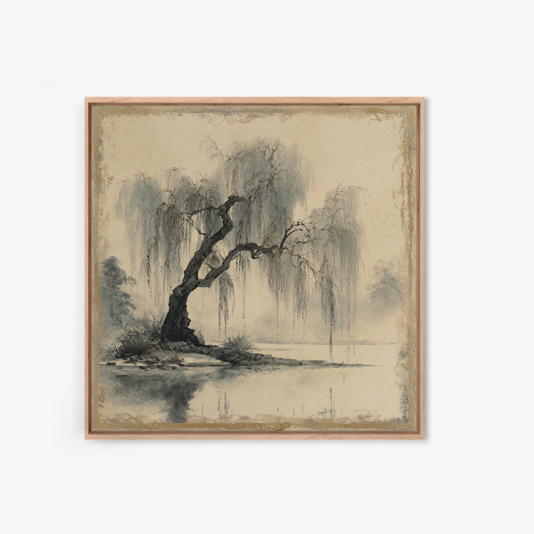 Willow Tree over a Reflective Pond Framed Canvas Print, Asian Inspired Art, Botanical Print, Living Room Decor, Abstract Art, ASI-1x1-66