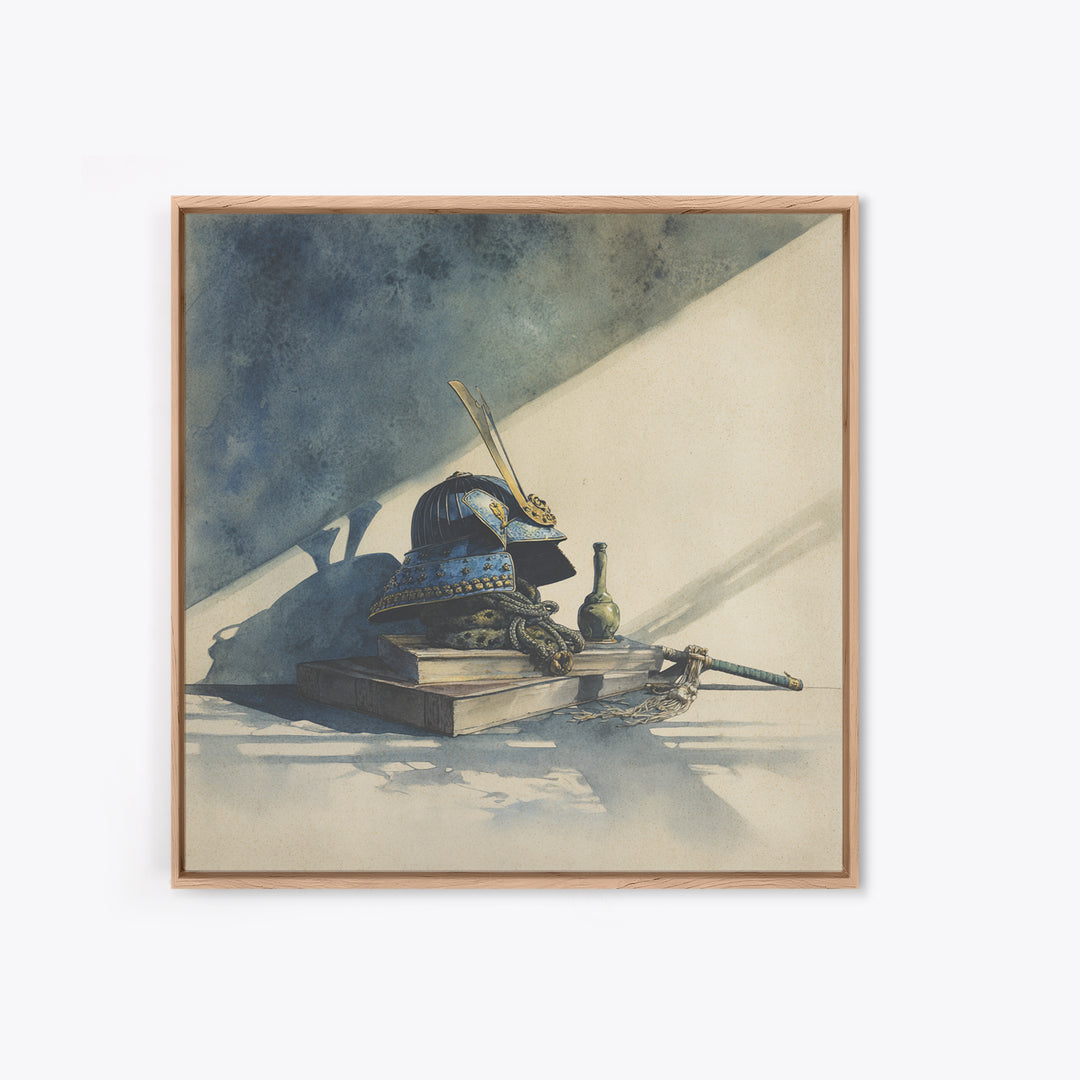 Samurai Helmet Still Life Framed Canvas Print, Asian Inspired Art, Japanese Wall Art, Living Room Decor, Fine Art, Harmony, ASI-1x1-7