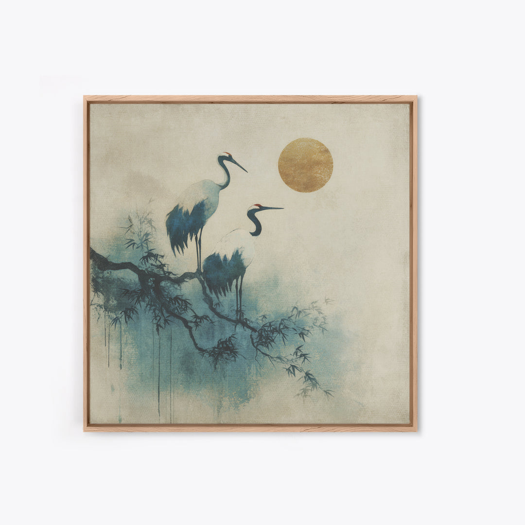 Crane and Moon Composition Framed Canvas Print, Asian Inspired Art, Japanese Art Print, Living Room Decor, Abstract Art, ASI-1x1-72