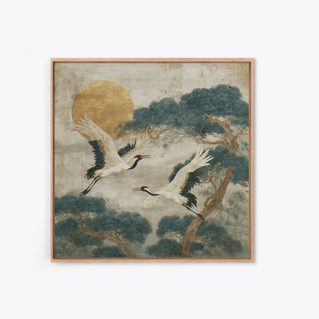 Red Crowned Cranes Flying Through Misty Pine Canvas Print, Asian Inspired Art, Art Print, Living Room Decor, Harmony, ASI-1x1-73