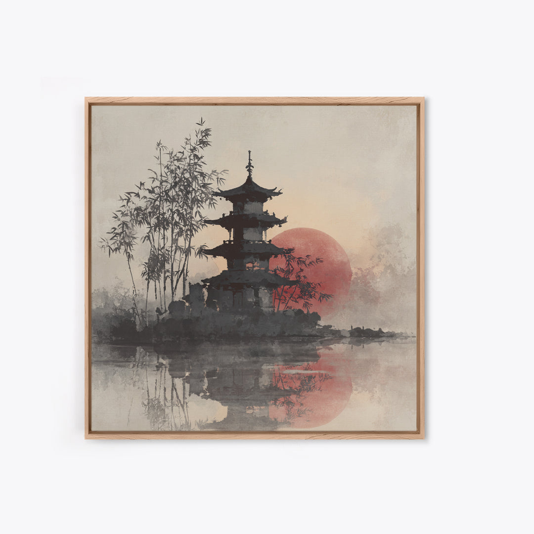 Pagoda Silhouette at Sunset Framed Canvas Print, Asian Inspired Art, Statement Artwork, Living Room Decor, Fine Art, Harmony, ASI-1x1-83