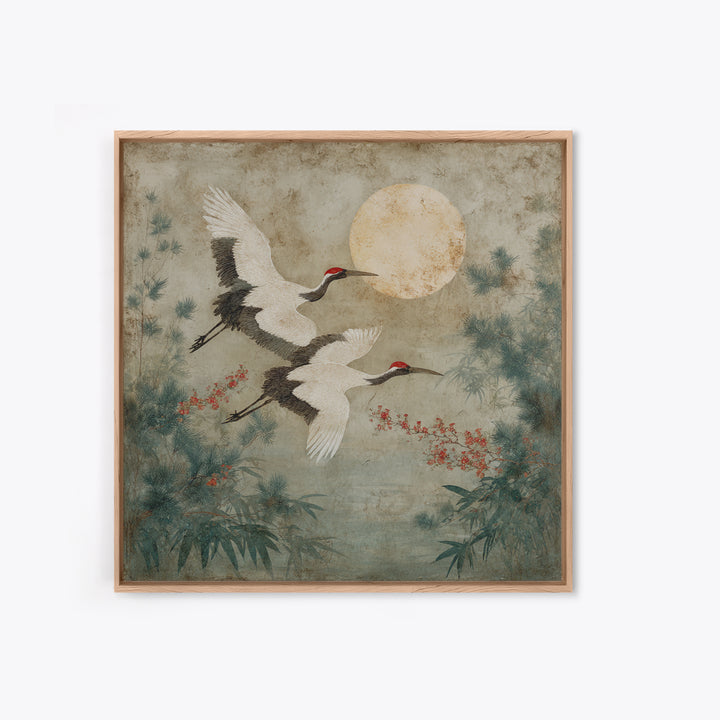 Red Crowned Cranes Flying Through Misty Pine Canvas Print, Asian Inspired Art, Wall Art, Living Room Decor, Oil Painting, ASI-1x1-97
