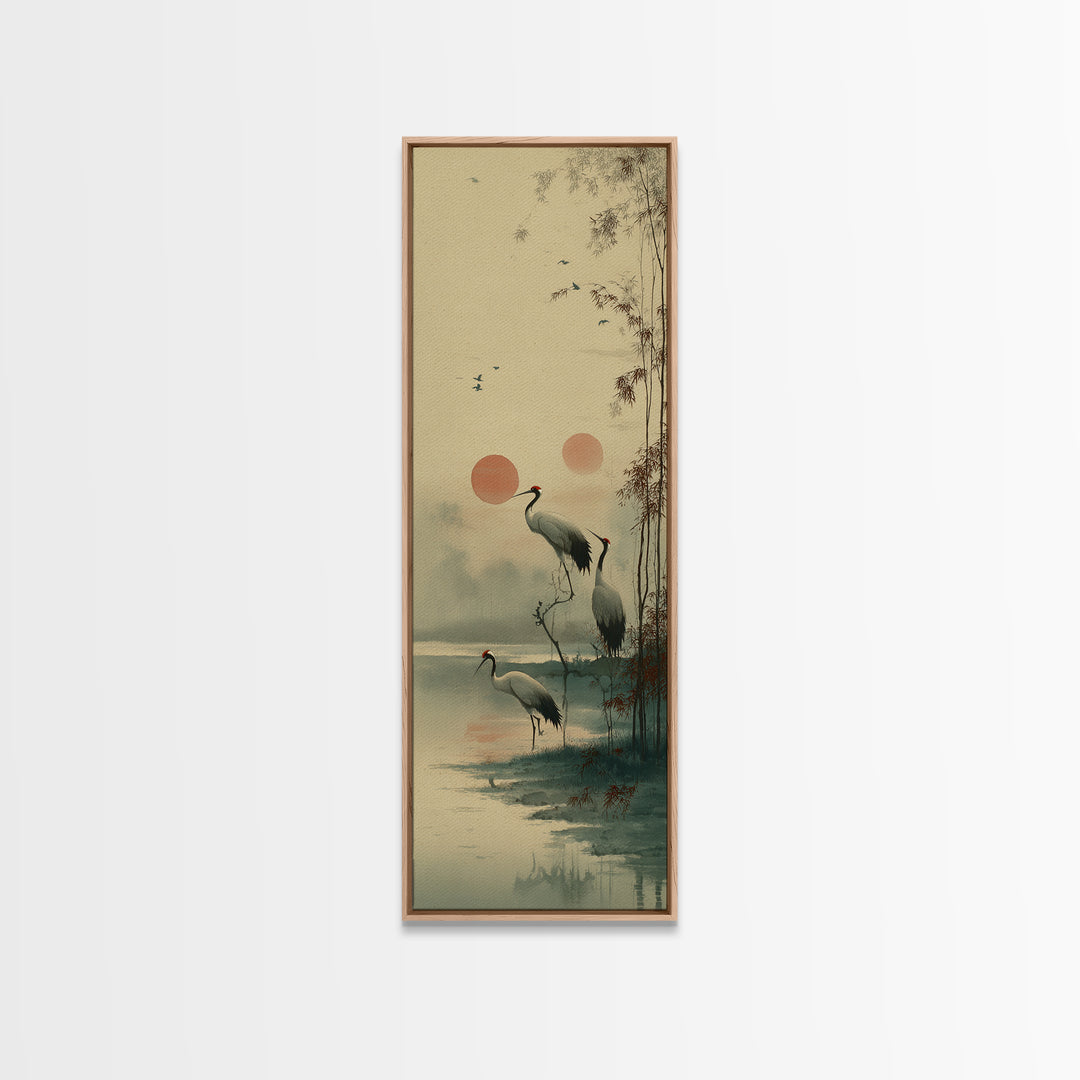 Crane and Moon Composition Canvas Print, Asian Inspired Art, Boho Decor, Living Room Decor, Oil Painting, Harmony, Digital Art, ASI-1x3-12