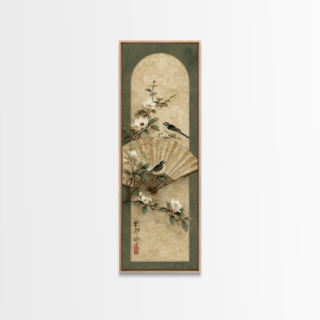 Fan Shaped Composition of Blossoms and Birds Canvas Print, Asian Inspired Art, Modern Decor, Living Room Decor, Harmony, ASI-1x3-29