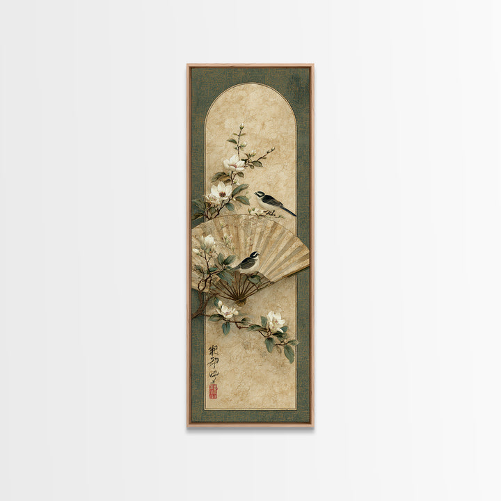 Fan Shaped Composition of Blossoms and Birds Canvas Print, Asian Inspired Art, Modern Decor, Living Room Decor, Harmony, ASI-1x3-29