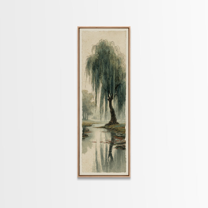 Willow Tree over a Reflective Pond Canvas Print, Asian Inspired Art, Asian Wall Art, Living Room Decor, Fine Art, Harmony, ASI-1x3-78