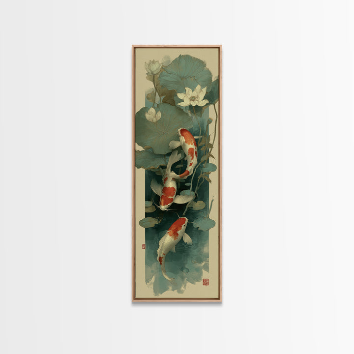 Koi Fish Circling Beneath Floating Lotus Blossoms Canvas Print, Asian Inspired Art, Luxury Decor, Living Room Decor, Harmony, ASI-1x3-86