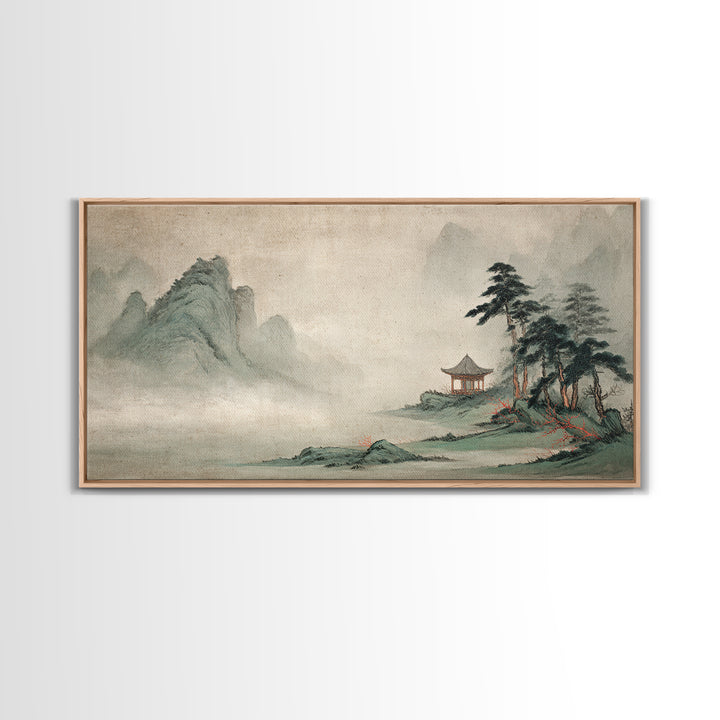 Chinese Mountain Scroll Landscape Framed Canvas Print, Asian Inspired Art, Floral Art, Living Room Decor, Oil Painting, Harmony, ASI-2x1-100