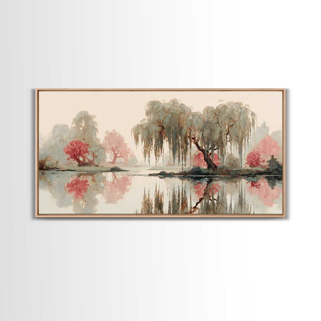 Willow Tree over a Reflective Pond Framed Canvas Print, Asian Inspired Art, Fine Art Print, Living Room Decor, Watercolor Art, ASI-2x1-14