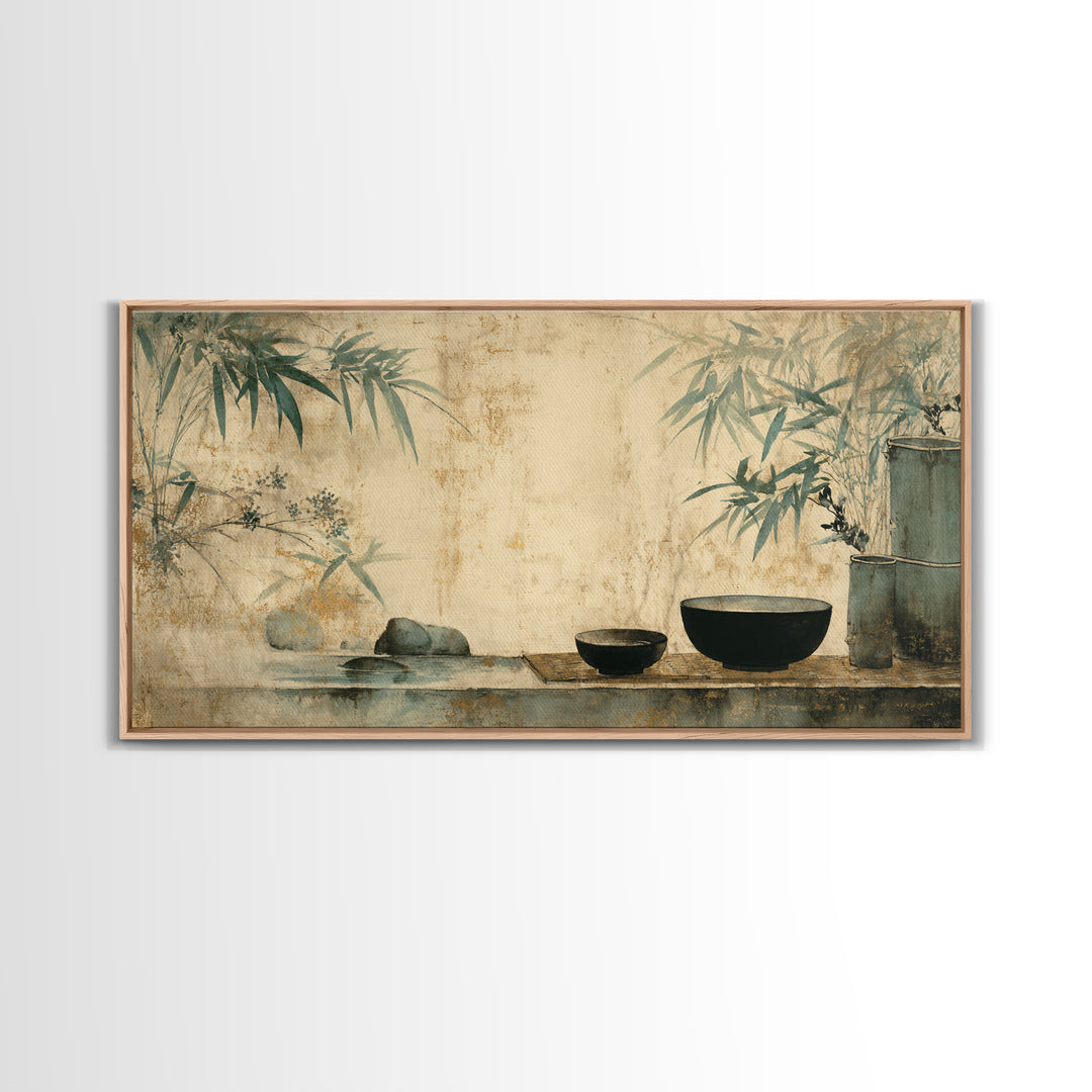 Tea Bowl and Steam Still Life on Framed Canvas Print, Asian Inspired Art, Living Room Decor, Oil Painting, Harmony, ASI-2x1-35