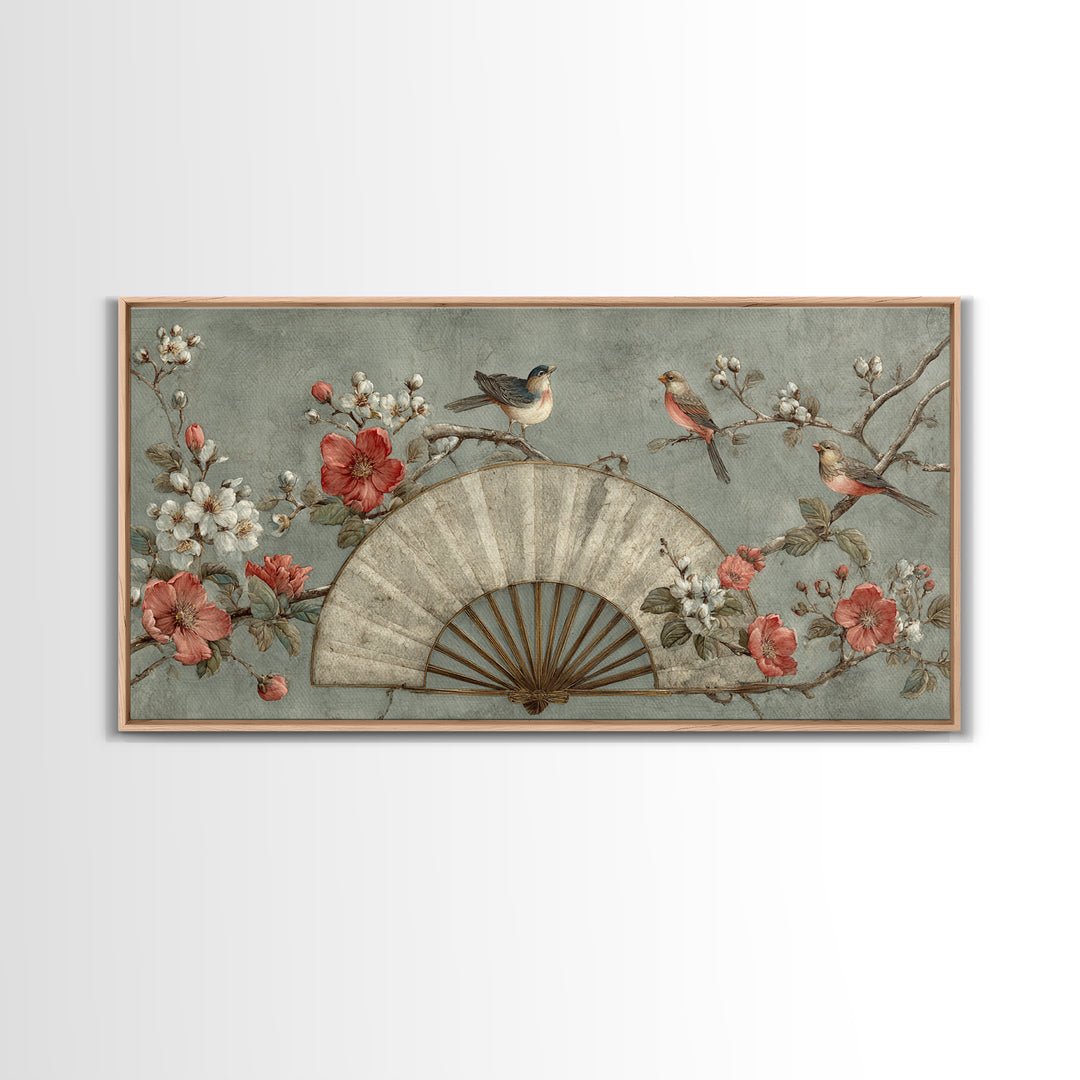 Fan Shaped Composition of Blossoms and Birds Canvas Print, Asian Inspired Art, Minimalist Decor, Living Room Decor, Harmony, ASI-2x1-37