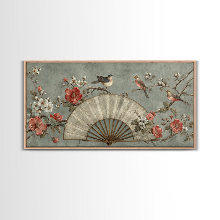 Fan Shaped Composition of Blossoms and Birds Canvas Print, Asian Inspired Art, Minimalist Decor, Living Room Decor, Harmony, ASI-2x1-37