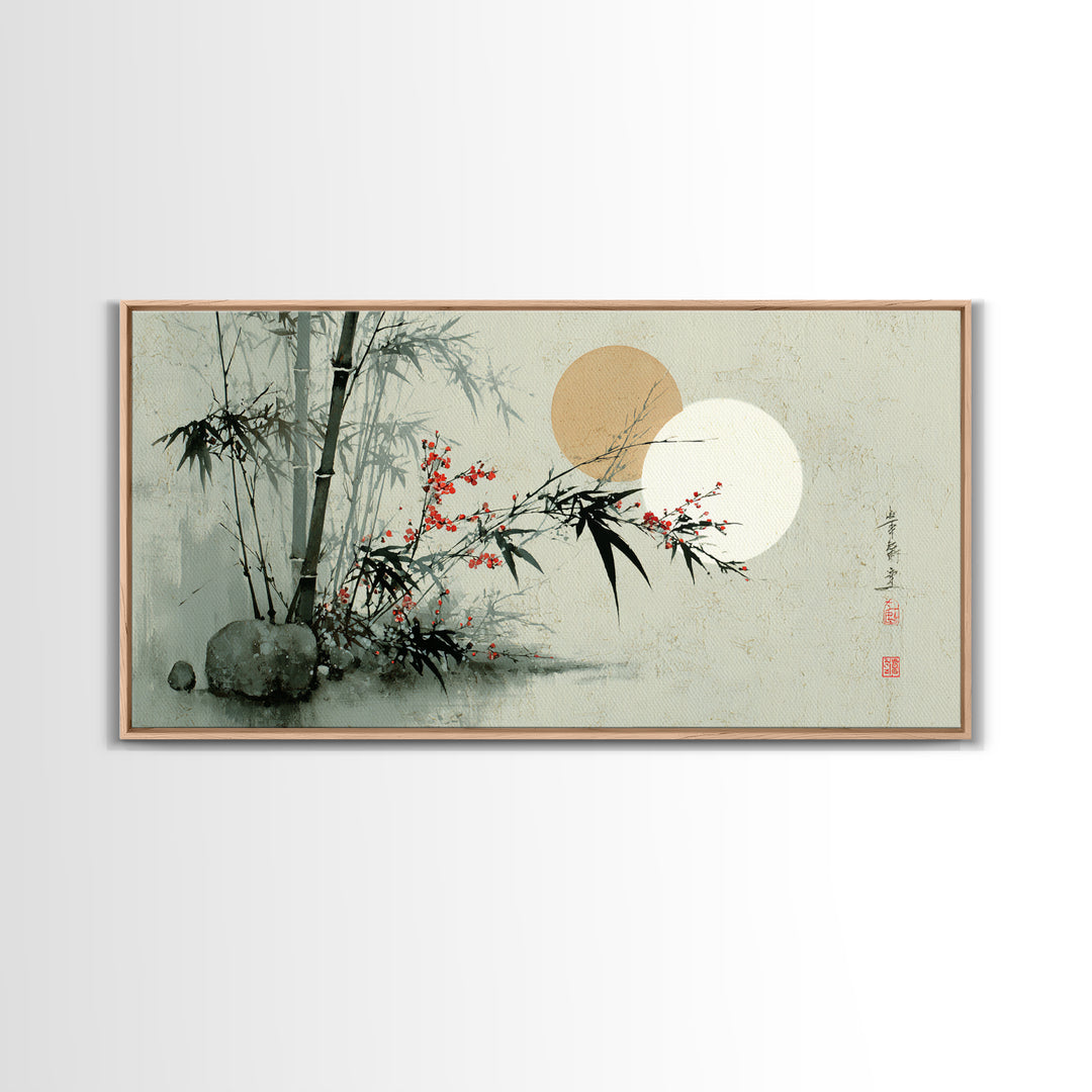Golden Moon Behind Bamboo Silhouettes Canvas Print, Asian Inspired Art, Art Nouveau, Living Room Decor, Fine Art, Harmony, ASI-2x1-49