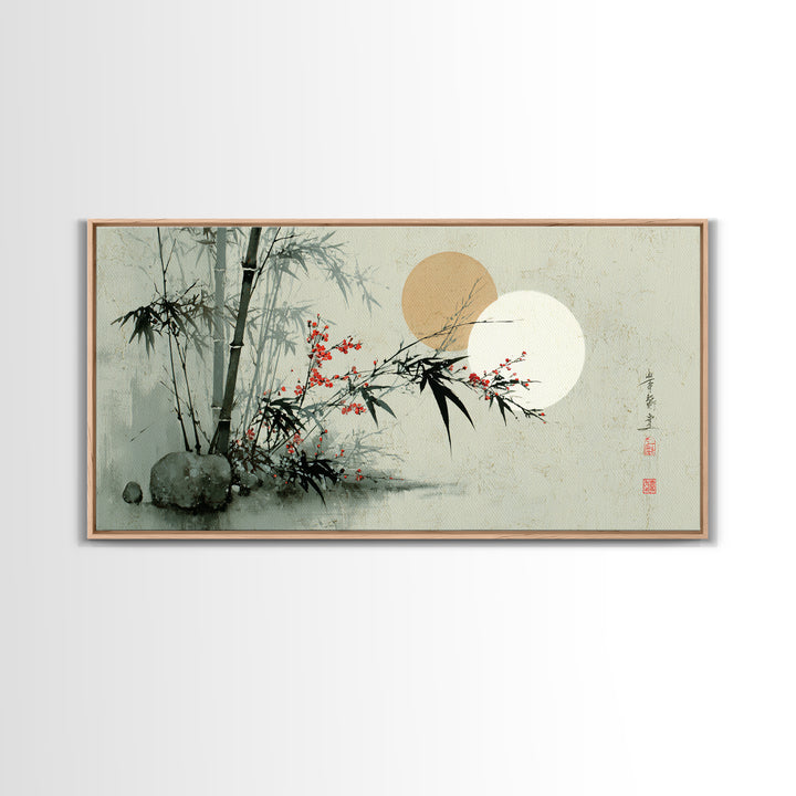 Golden Moon Behind Bamboo Silhouettes Canvas Print, Asian Inspired Art, Art Nouveau, Living Room Decor, Fine Art, Harmony, ASI-2x1-49
