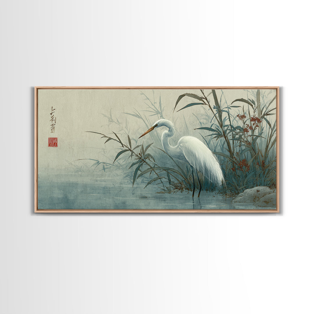 White Heron Standing Canvas Print, Asian Inspired Art, Printable Art, Living Room Decor, Oil Painting, Harmony, ASI-2x1-53