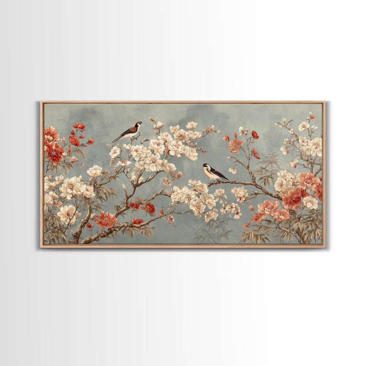Fan Shaped Composition of Blossoms and Birds Canvas Print, Asian Inspired Art, Digital Art, Living Room Decor, Abstract Art, ASI-2x1-61