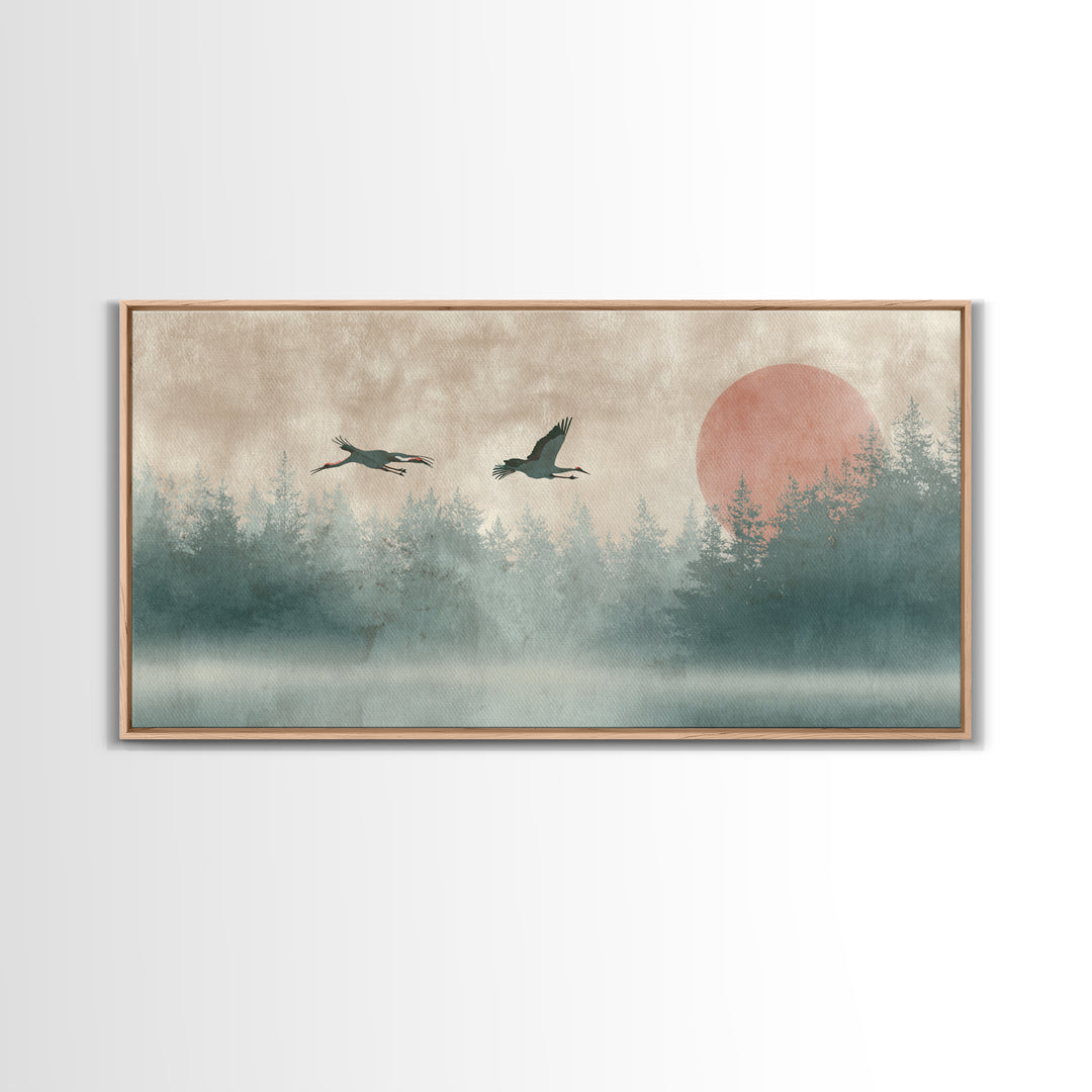 Crane and Moon Composition Canvas Print, Asian Inspired Art, Printable Art, Living Room Decor, Watercolor Art, Harmony, ASI-2x1-68