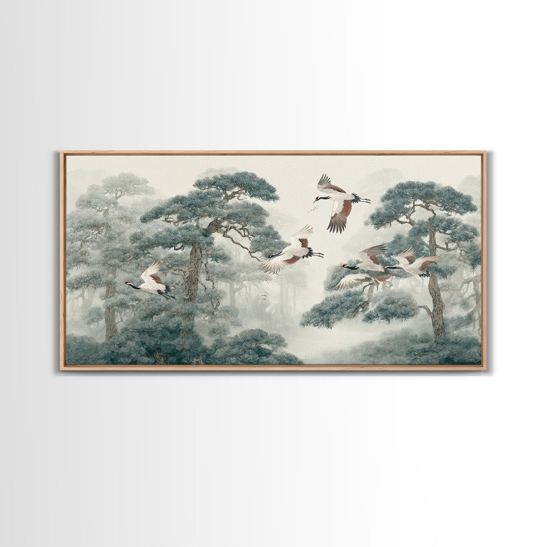 Red Crowned Cranes Flying Through Misty Pine Canvas Print, Asian Inspired Art, Japanese Art, Living Room Decor, Harmony, ASI-2x1-69