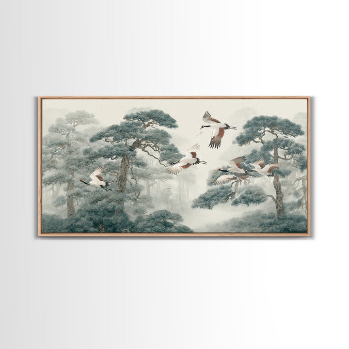 Red Crowned Cranes Flying Through Misty Pine Canvas Print, Asian Inspired Art, Japanese Art, Living Room Decor, Harmony, ASI-2x1-69