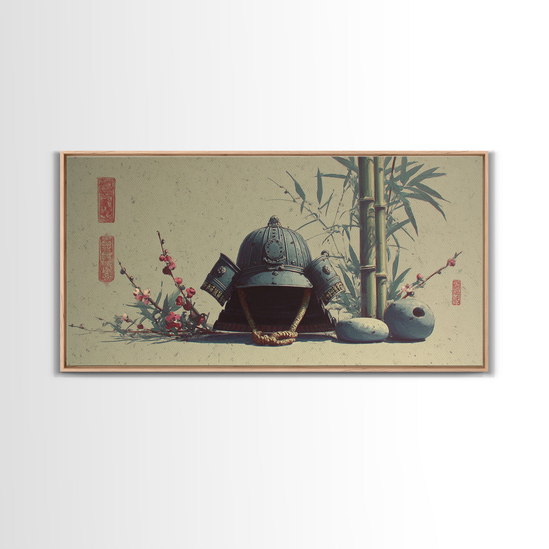 Samurai Helmet Still Life Framed Canvas Print, Asian Inspired Art, Boho Decor, Living Room Decor, Harmony, Digital Art, ASI-2x1-75