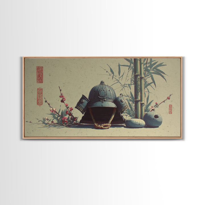 Samurai Helmet Still Life Framed Canvas Print, Asian Inspired Art, Boho Decor, Living Room Decor, Harmony, Digital Art, ASI-2x1-75