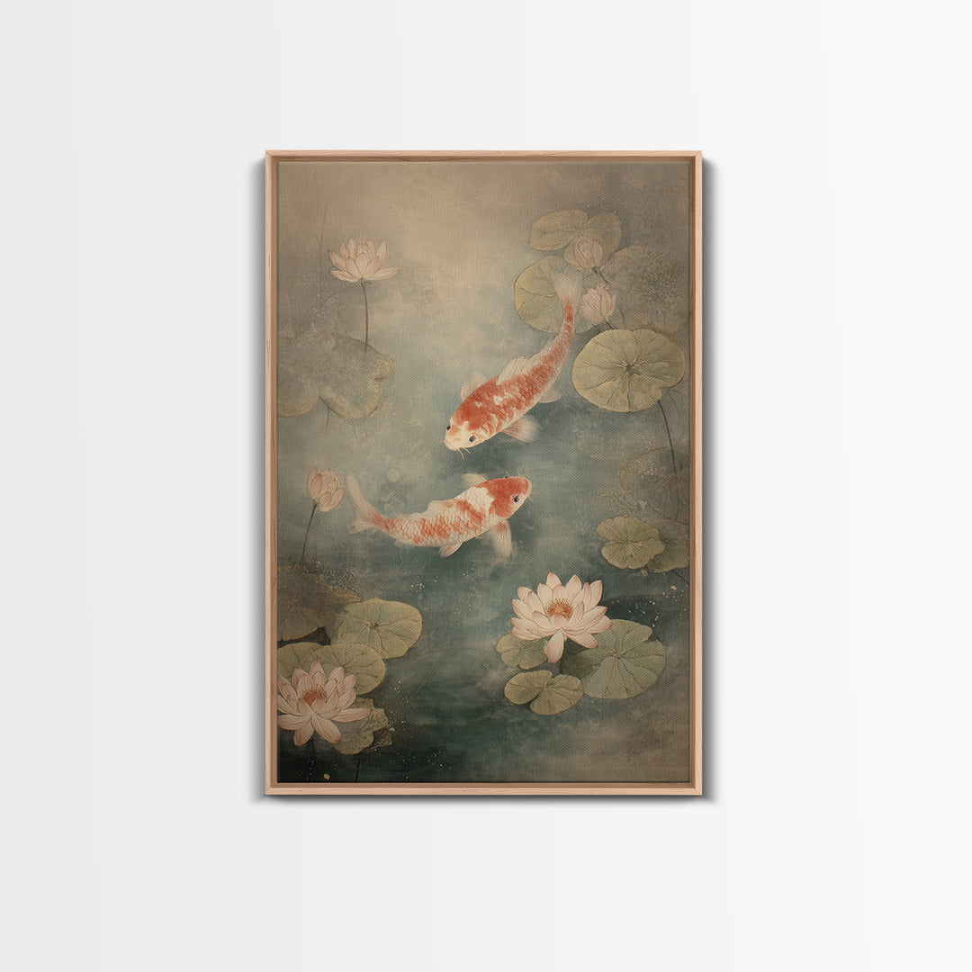 Koi Fish Circling Beneath Floating Lotus Blossoms Canvas Print, Asian Inspired Art, Luxury Decor, Living Room Decor, Harmony, ASI-2x3-10