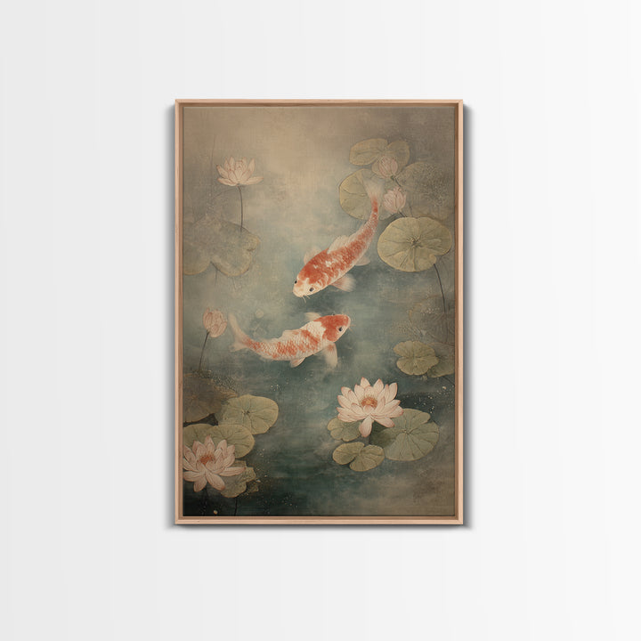 Koi Fish Circling Beneath Floating Lotus Blossoms Canvas Print, Asian Inspired Art, Luxury Decor, Living Room Decor, Harmony, ASI-2x3-10