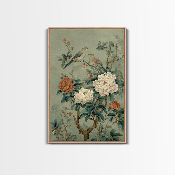 Fan Shaped Composition of Blossoms and Birds Framed Canvas Print, Asian Inspired Art, Wall Art, Living Room Decor, Harmony, ASI-2x3-25