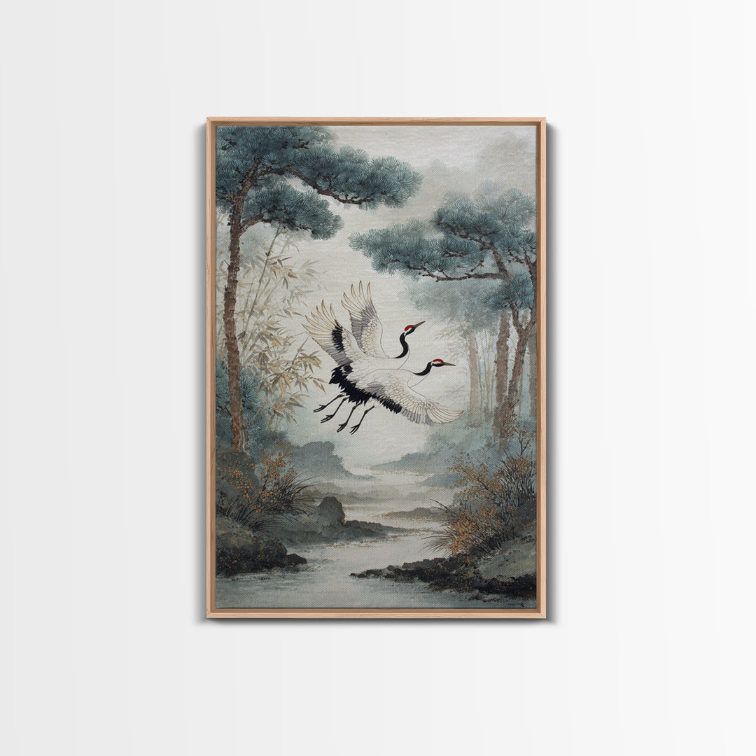 Red Crowned Cranes Flying Through Misty Pine Canvas Print, Asian Inspired Art, Printable Art, Living Room Decor, Harmony, ASI-2x3-33