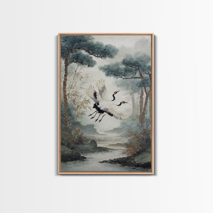 Red Crowned Cranes Flying Through Misty Pine Canvas Print, Asian Inspired Art, Printable Art, Living Room Decor, Harmony, ASI-2x3-33