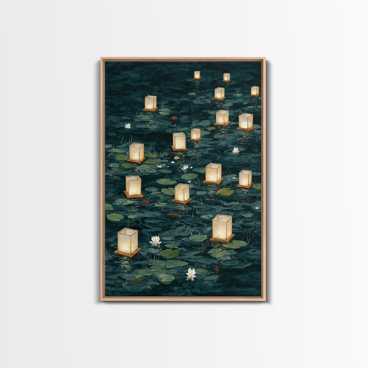 Floating Lanterns over Dark Water with Gentle Canvas Print, Asian Inspired Art, Room Decor, Living Room Decor, Harmony, ASI-2x3-51
