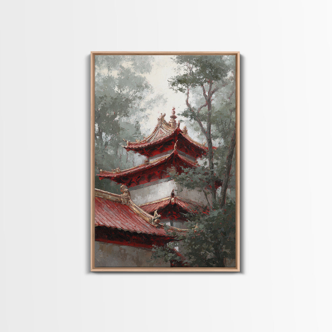 Temple Roof Detail Framed Canvas Print, Asian Inspired Art, Textured Painting, Living Room Decor, Harmony, Unique Wall Art, ASI-2x3-55