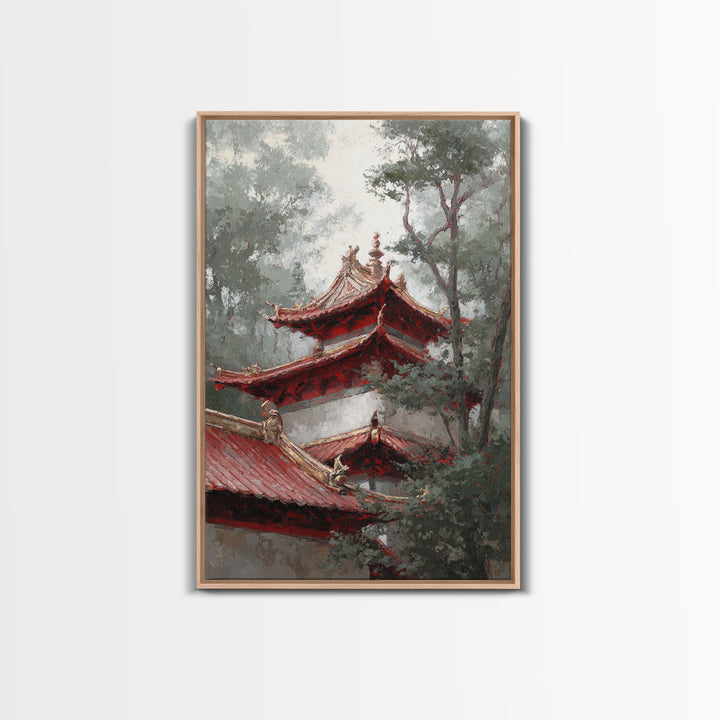 Temple Roof Detail Framed Canvas Print, Asian Inspired Art, Textured Painting, Living Room Decor, Harmony, Unique Wall Art, ASI-2x3-55