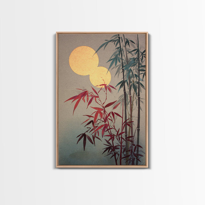 Golden Moon Behind Bamboo Silhouettes Framed Canvas Print, Asian Inspired Art, Japandi Wall Art, Living Room Decor, Harmony, ASI-2x3-85