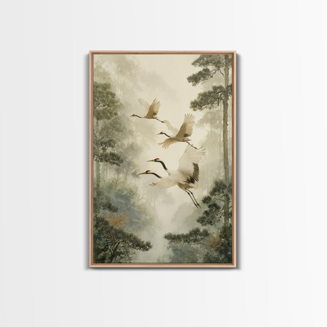 Red Crowned Cranes Flying Through Misty Pine Canvas Print, Asian Inspired Art, Poster, Living Room Decor, Fine Art, Harmony, ASI-2x3-9