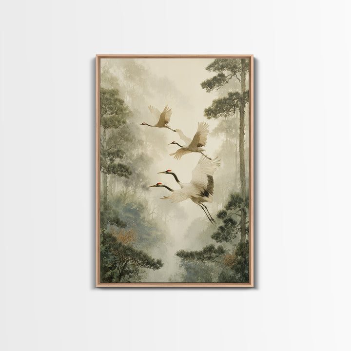 Red Crowned Cranes Flying Through Misty Pine Canvas Print, Asian Inspired Art, Poster, Living Room Decor, Fine Art, Harmony, ASI-2x3-9