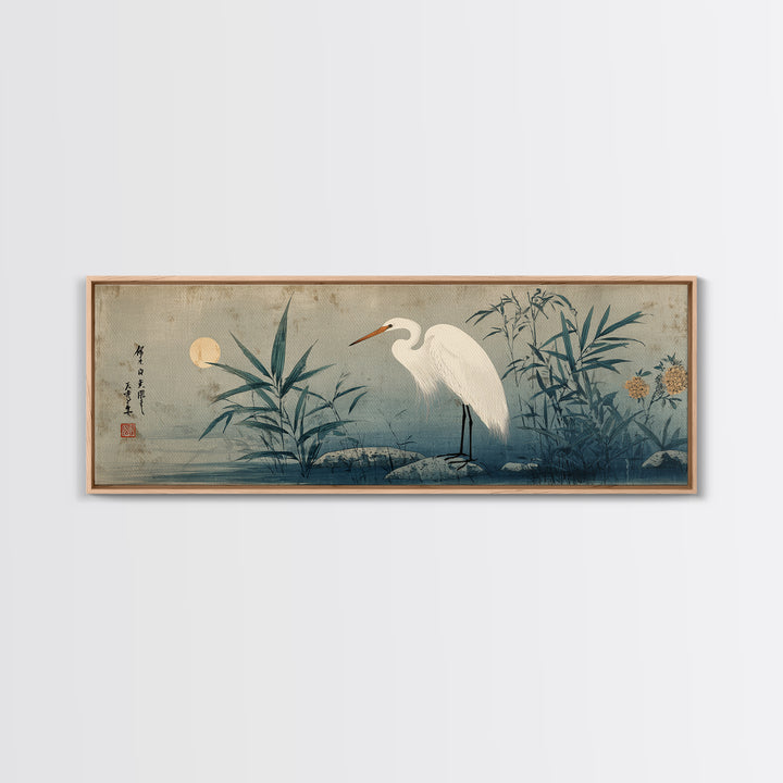 White Heron Standing Framed Canvas Print, Asian Inspired Art, Bedroom Wall Decor, Living Room Decor, Fine Art, Harmony, ASI-3x1-1