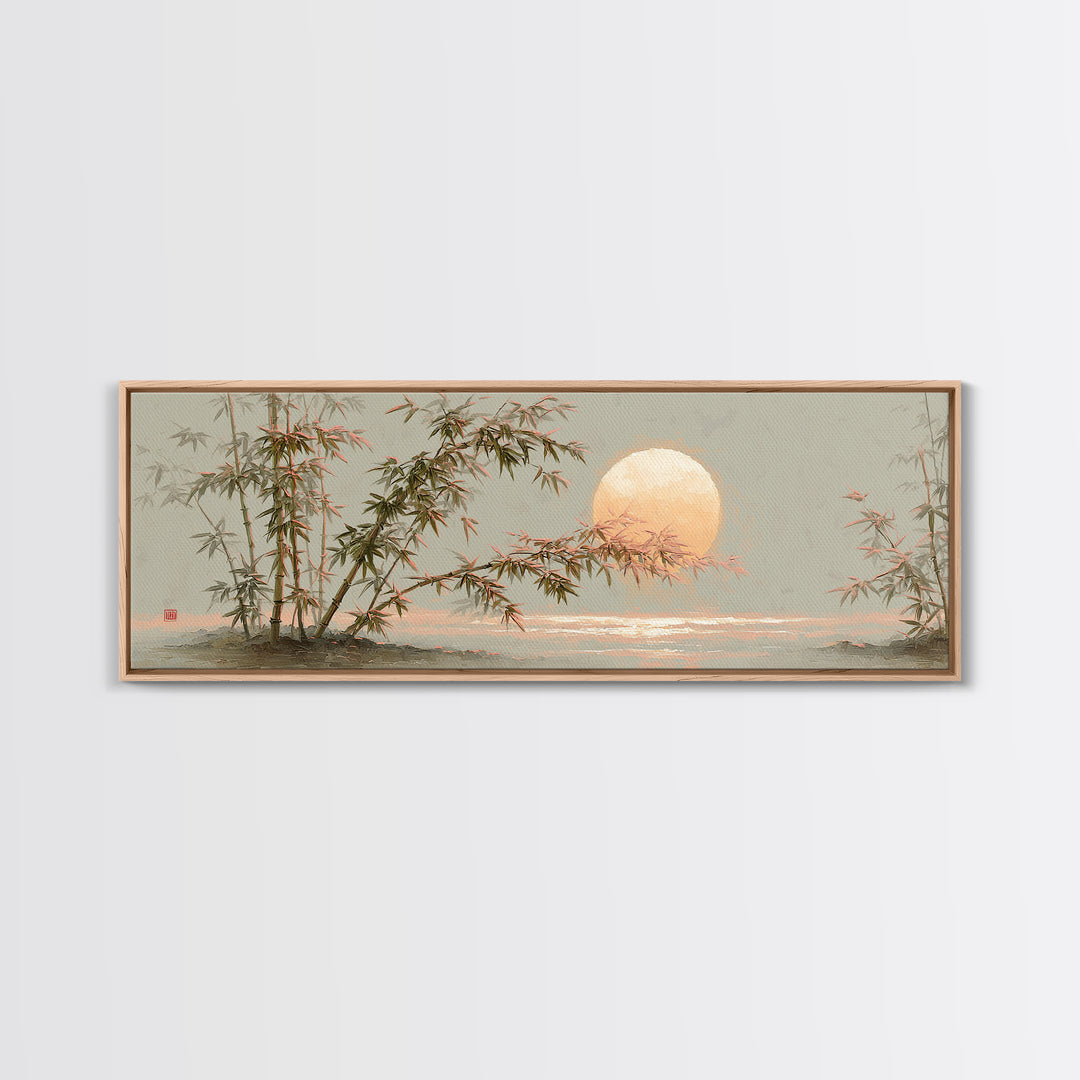 Golden Moon Behind Bamboo Silhouettes Canvas Print, Asian Inspired Art, Dark Academia Art, Living Room Decor, Fine Art, Harmony, ASI-3x1-21