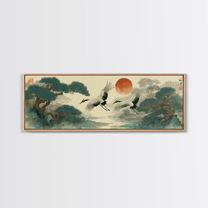 Red Crowned Cranes Flying Through Misty Pine Canvas Print, Asian Inspired Art, Aesthetic Wall Art, Living Room Decor, Harmony, ASI-3x1-41