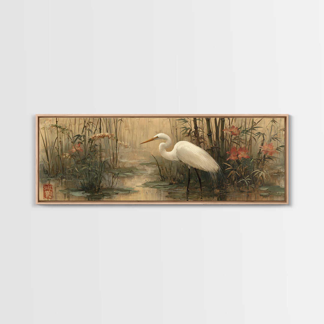 White Heron Standing Canvas Print, Asian Inspired Art, Indian Art, Living Room Decor, Abstract Art, Harmony, Neutral Decor, ASI-3x1-49